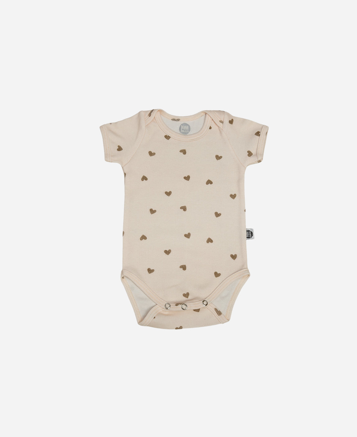 Body Bebê Manga Curta Unissex - Estampa Love In Brown (corações marrom sobre Branco Off) - Coleção SS26 - MiniMalista Baby