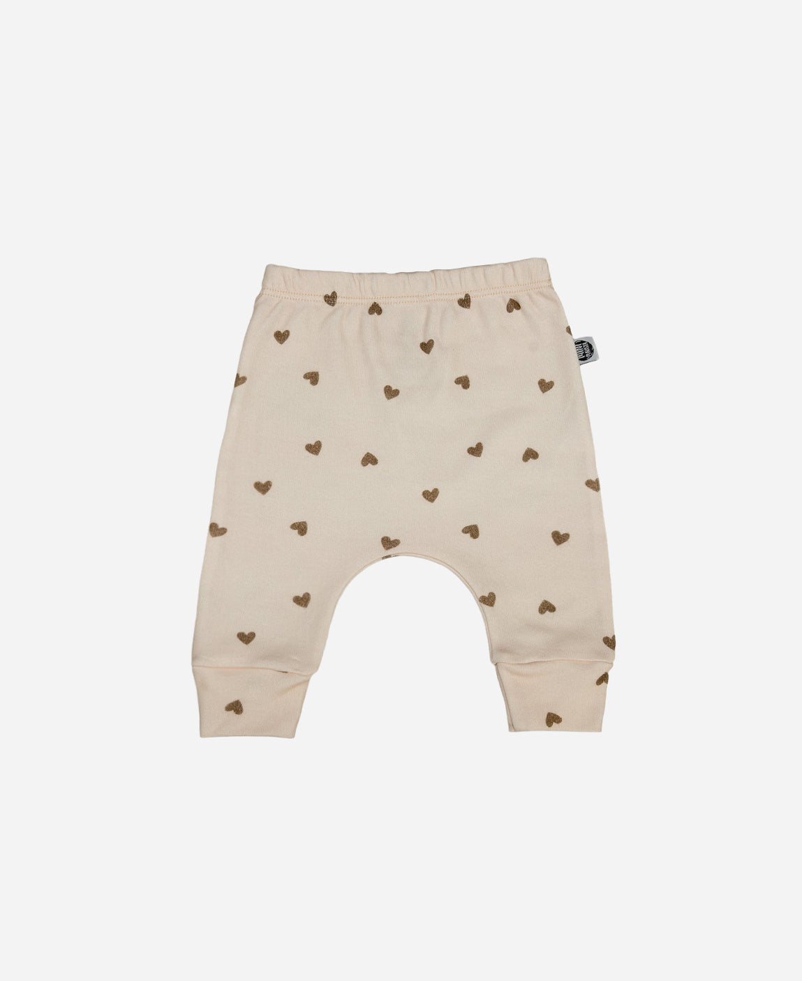 Calça Harém Bebê Unissex - Estampa Love In Brown (corações marrom) - Coleção SS26 - MiniMalista Baby