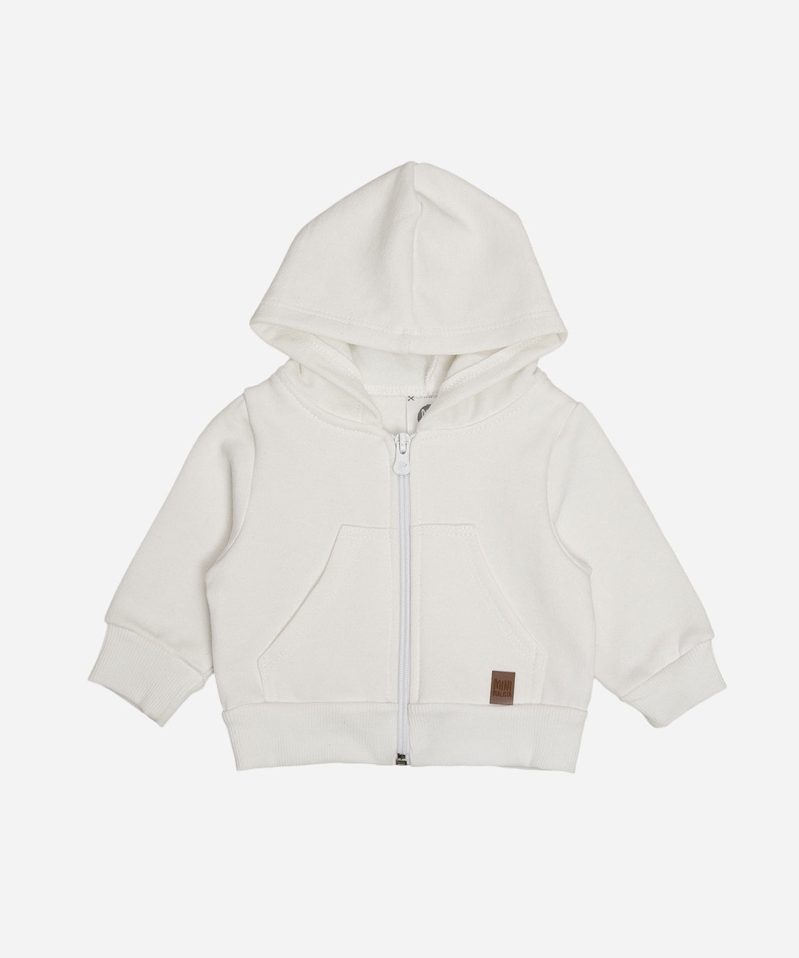 Casaco Moletom Capuz e Zíper Peluciado Liso Branco Off MiniMalista Baby — vista frontal do casaco infantil unissex em 100% algodão fio penteado com interior peluciado, off-white sofisticado. Capuz sem cordinha, cobre-zíper interno protege o queixo do bebê. Menino, menina ou unissex, do 0-3m ao 5-6 anos.