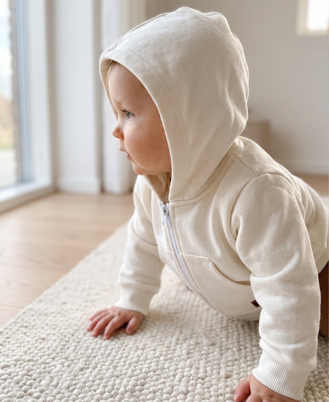 Casaco Moletom Peluciado Branco Off MiniMalista — detalhe do capuz forrado com pelúcia interna, sem cordinha (segurança pra bebê, seguindo alerta INMETRO). Casaco infantil 100% algodão hipoalergênico, ideal pra pele sensível, dermatite atópica ou eczema.