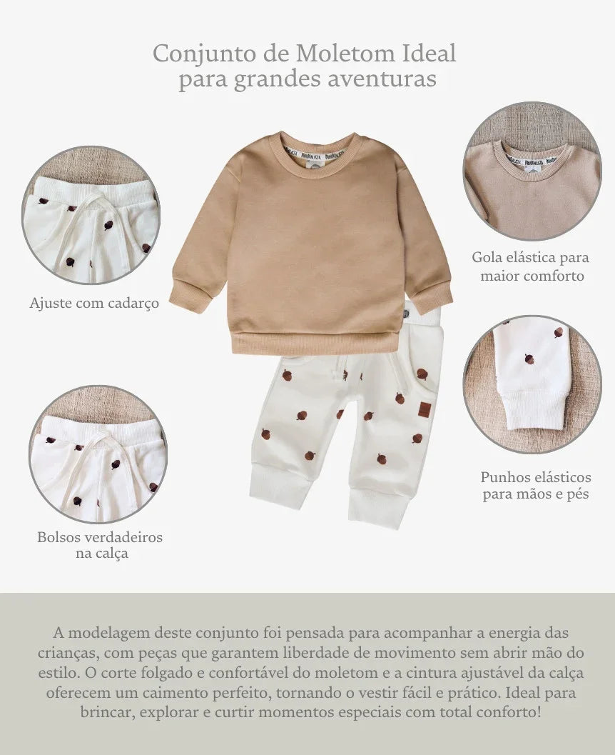 Conjunto de Moletom Infantil Algodão Unissex | Acorn e Beige