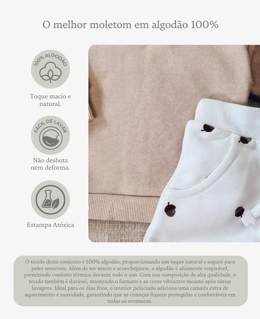 Conjunto de Moletom Infantil Algodão Unissex | Acorn e Beige