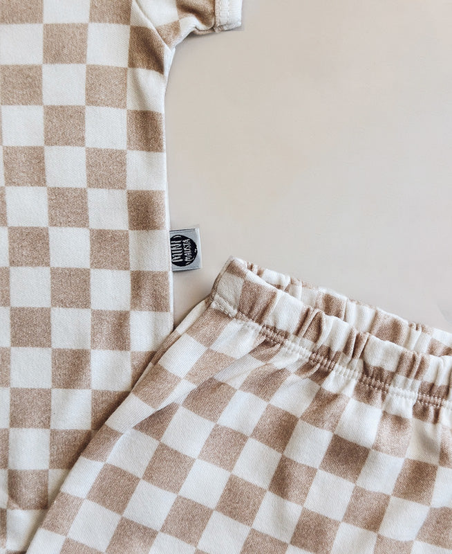 Conjunto Body Manga Curta e Calça Bebê Unissex | Racer Beige