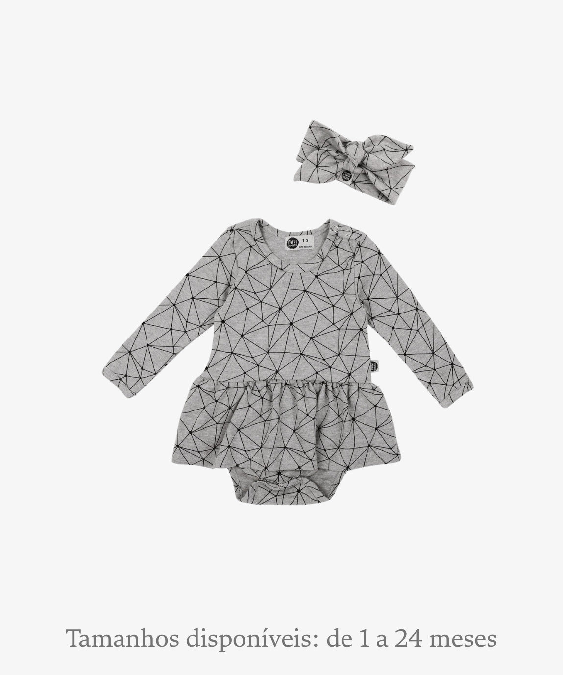 Conjunto Bebê Menina Body-Vestido Manga Longa + Faixinha coordenada estampa Satellite Mescla cinza MiniMalista Baby, moda bebê inverno look completo