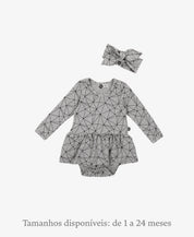 Conjunto Bebê Menina Body-Vestido Manga Longa + Faixinha coordenada estampa Satellite Mescla cinza MiniMalista Baby, moda bebê inverno look completo