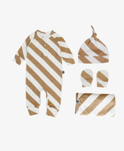 Kit Presente Saída de Maternidade Bebê 4 peças | Listras Diagonais Bege - Com Caixa Presente