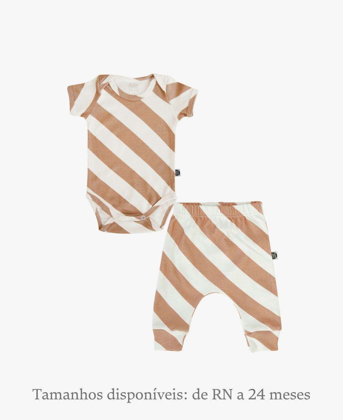 Conjunto Body Manga Curta e Calça Bebê Unissex | Listras Diagonais Bege