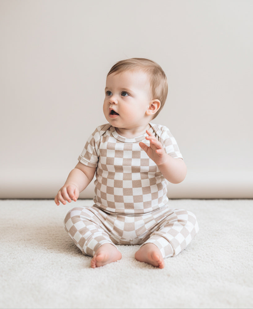 Conjunto Body Manga Curta e Calça Bebê Unissex | Racer Beige