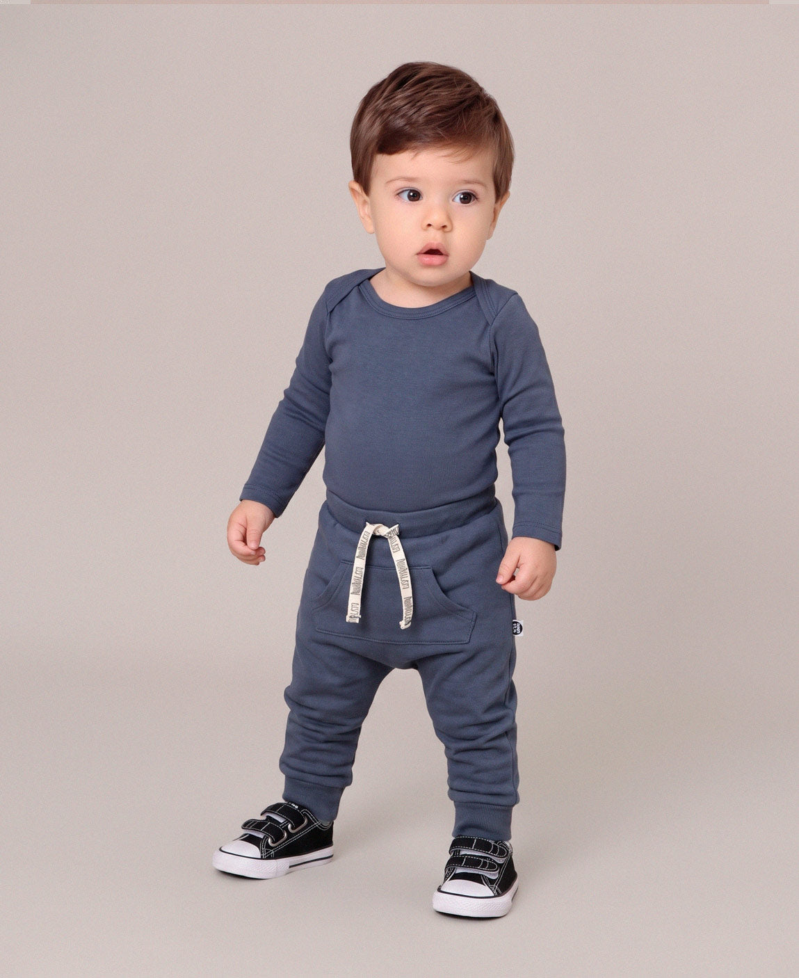 Conjunto Body Manga Longa e Calça Bebê | Liso Azul Oxford