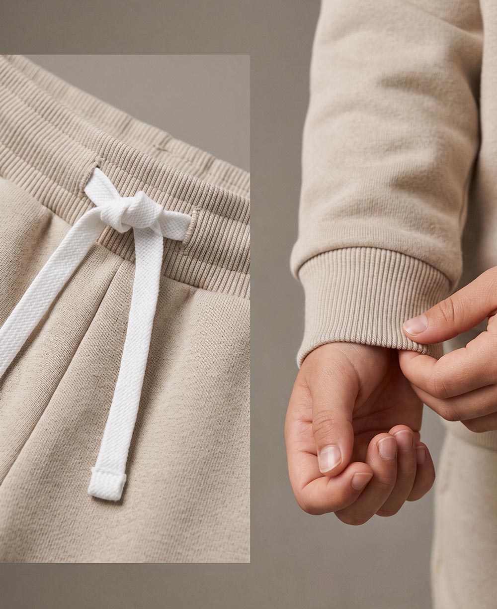 Look coordenado Conjunto Moletom Peluciado Bege Claro em criança MiniMalista — moletom + calça monocromáticos, algodão premium peluciado, marca criada por mãe de criança com alergia na pele.
