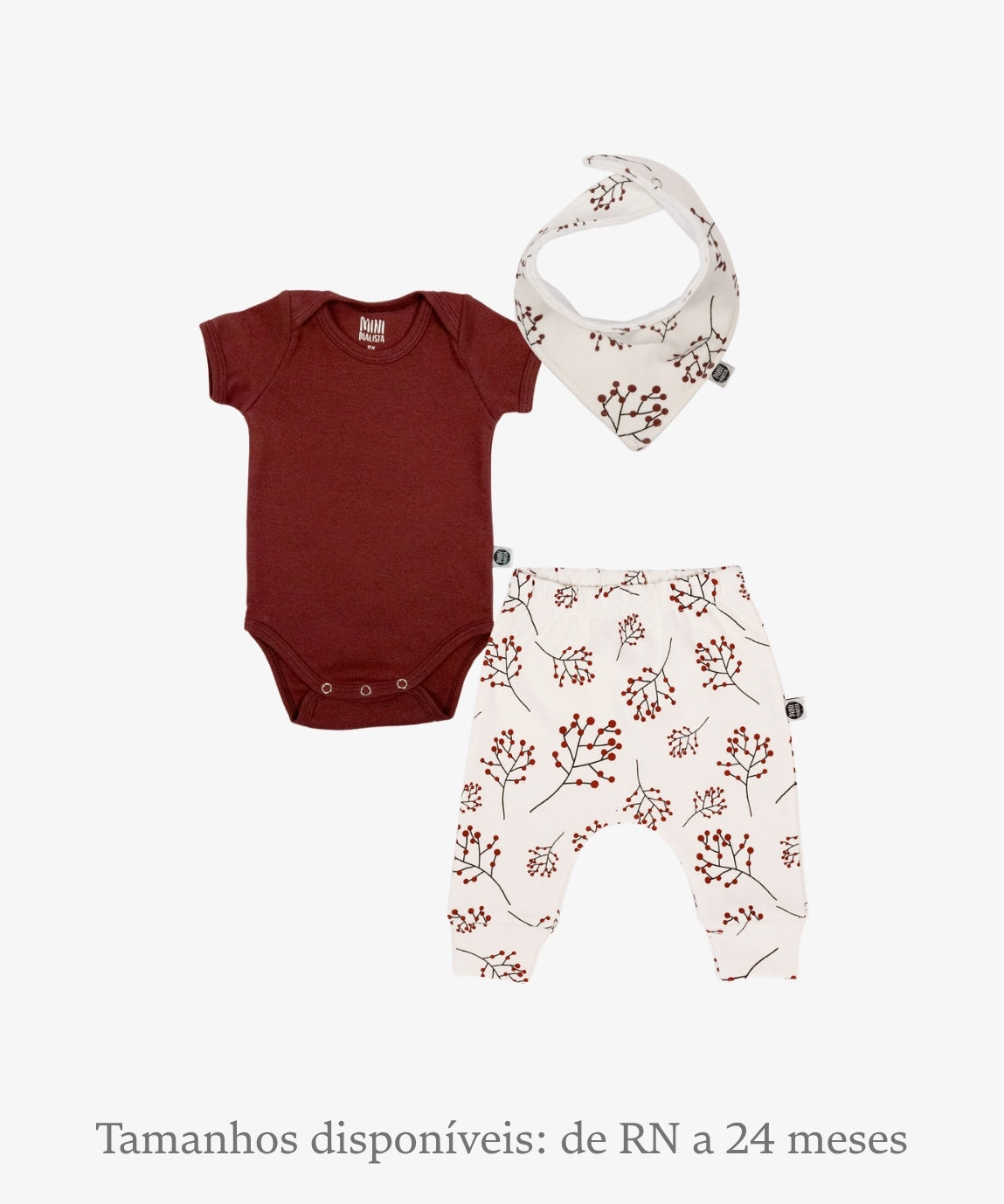 Conjunto Bebê Unissex Merlot e Berries - Body Curto (Merlot vinho) + Calça Harém (Berries bagas rosé) + Babador Bandana - Coleção Wild - 100% algodão fio egípcio - MiniMalista Baby
