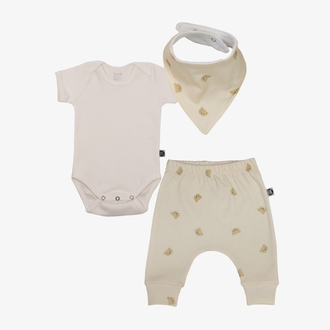 Conjunto Bebê Unissex Baby Bear e Branco Off — Body Manga Curta (Branco Off creme neutro) + Calça Harém (Baby Bear ursinhos fofos) + Babador Bandana — Coleção Wild — 100% algodão fio egípcio — MiniMalista Baby