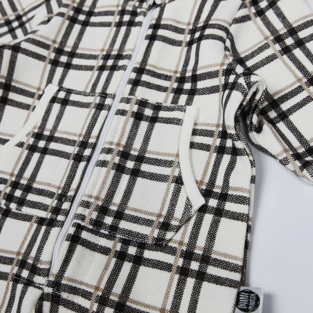 Macacão Bebê Capuz e Ziper Unissex Moletom Peluciado | Xadrez Plaid