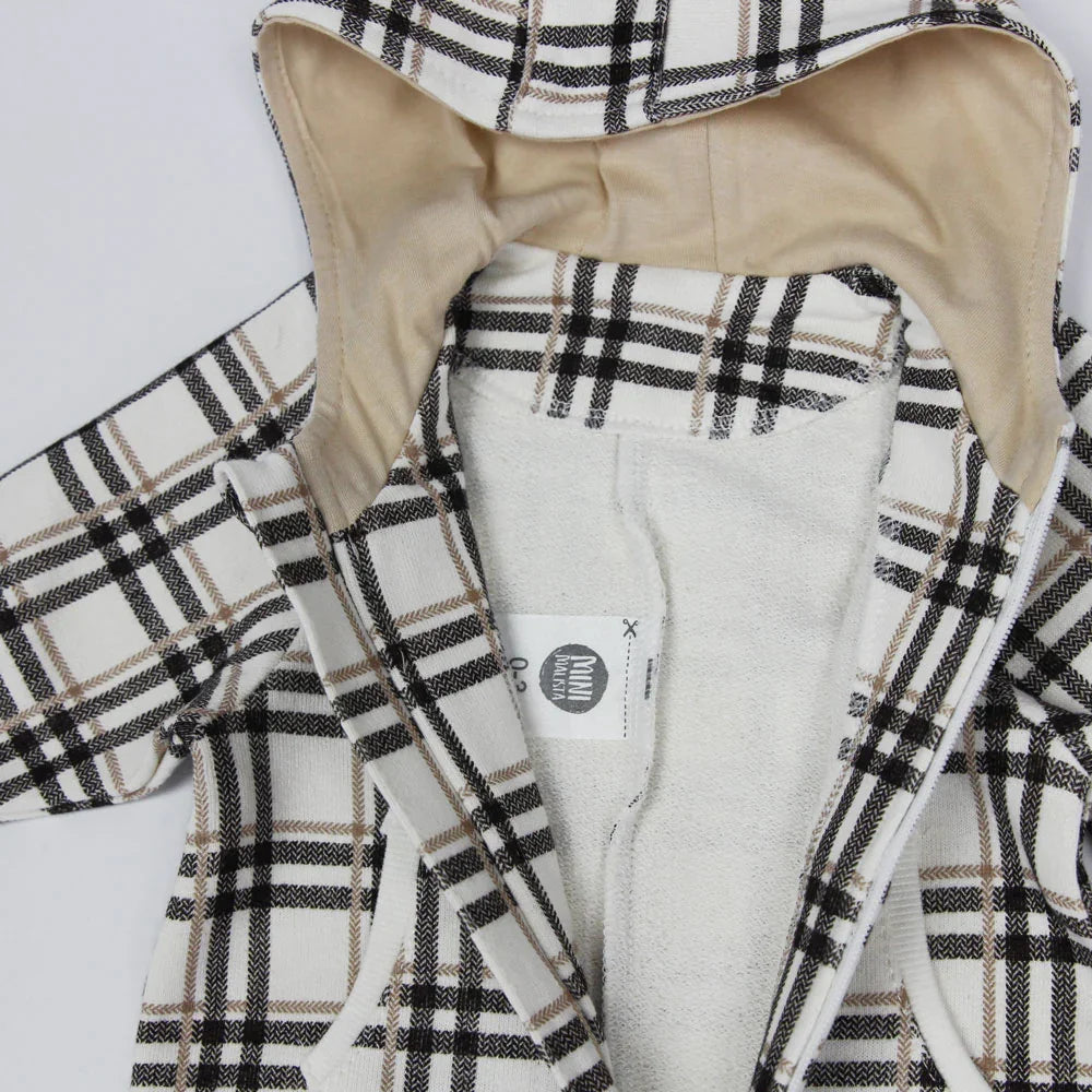 Macacão Bebê Capuz e Ziper Unissex Moletom Peluciado | Xadrez Plaid