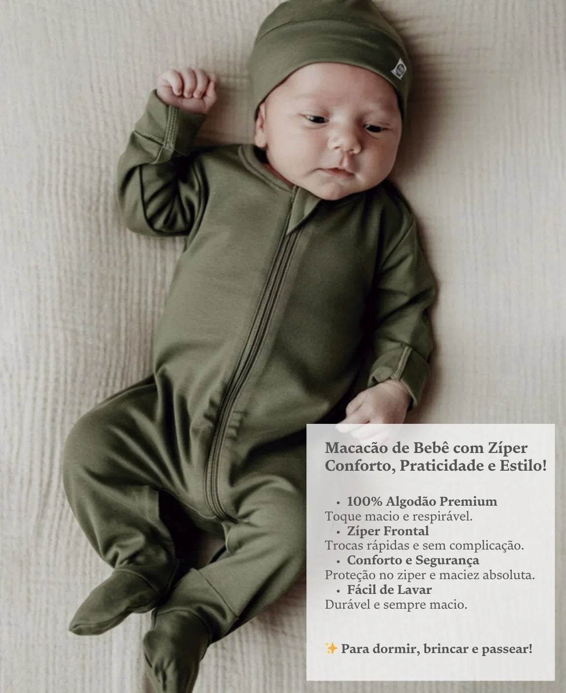 Macacão de Bebê Ziper com opção de Pezinho | Liso Jungle Green
