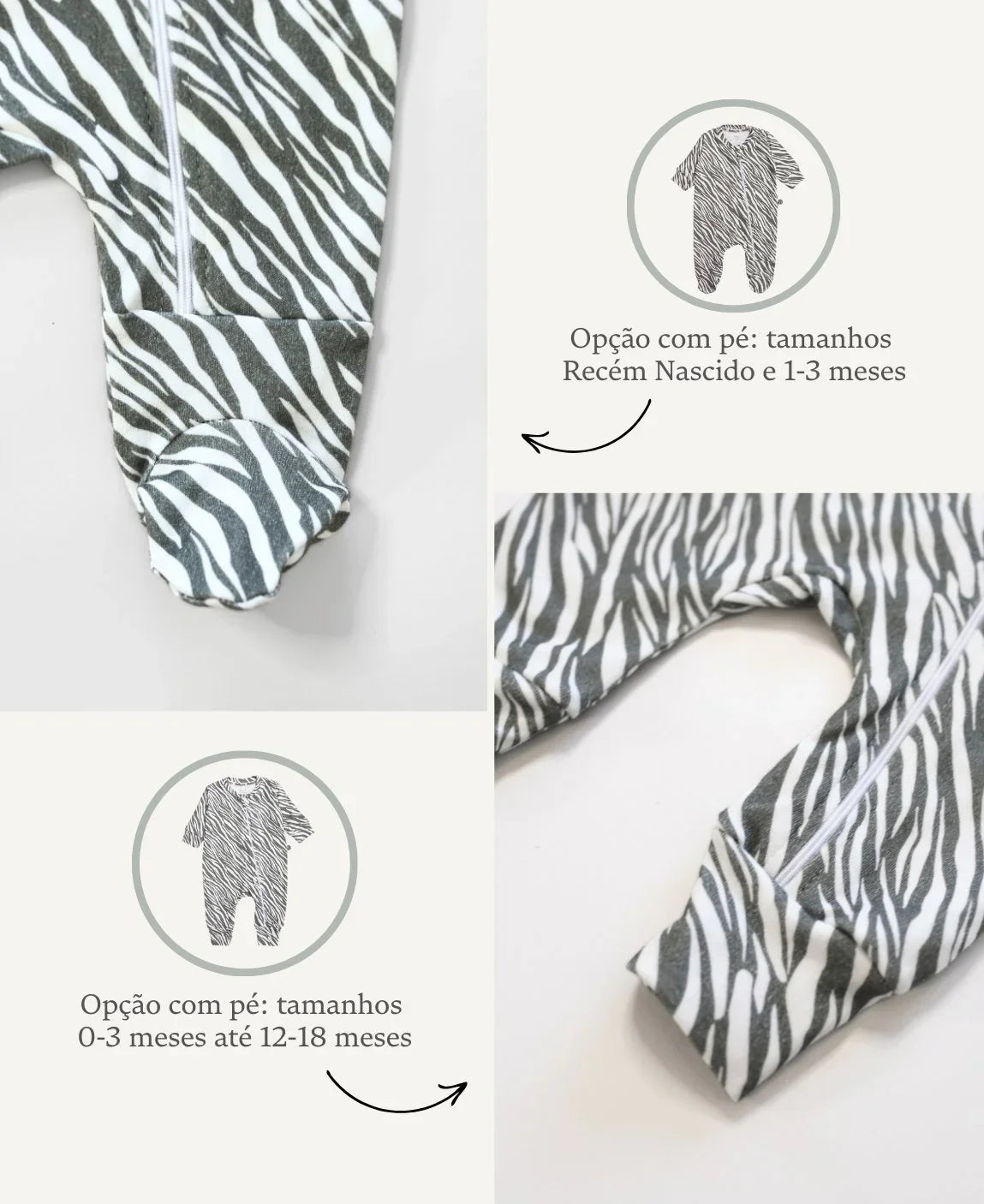 Macacão de Bebê Ziper com opção de Pezinho | Zebra
