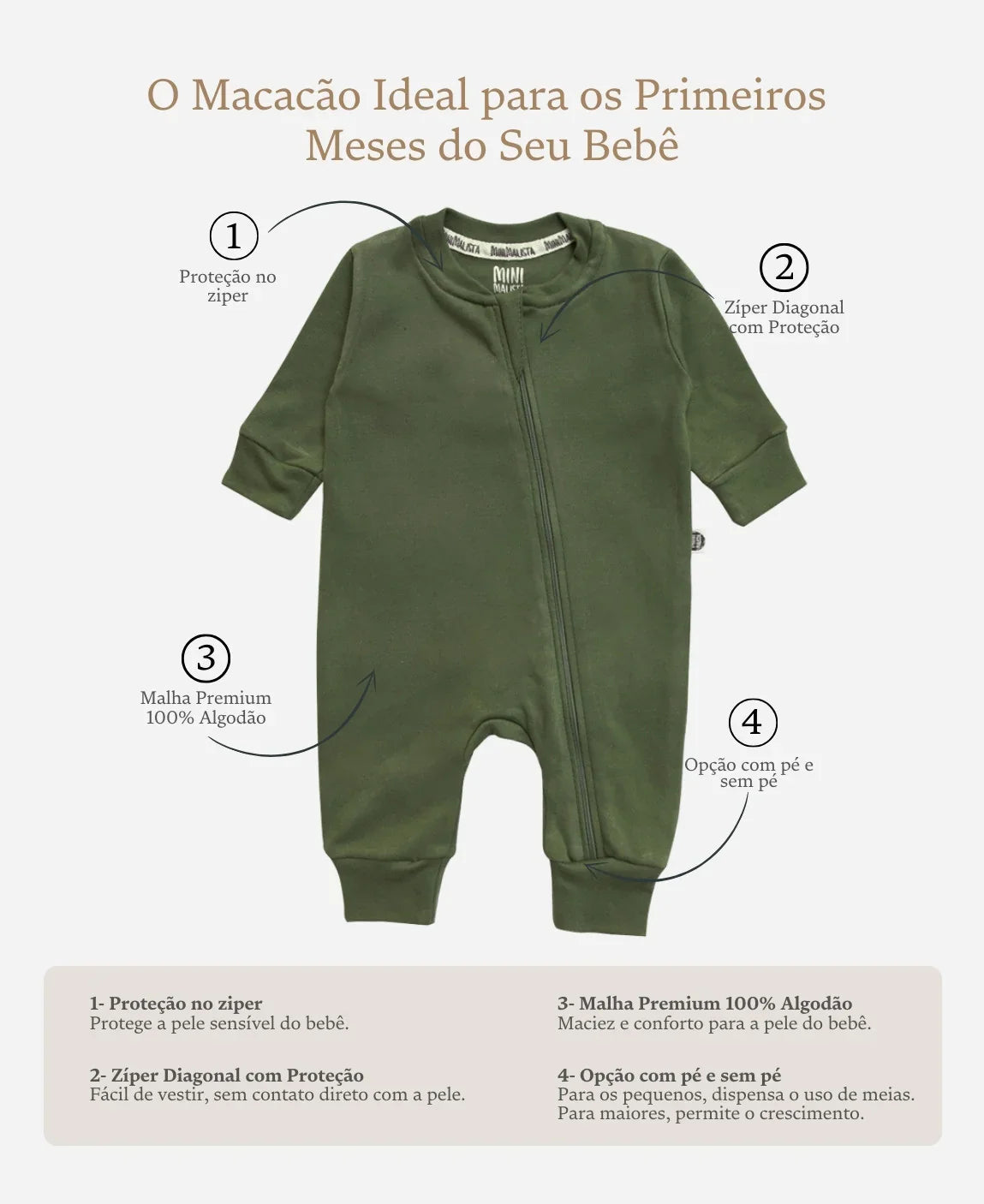 Macacão de Bebê Ziper com opção de Pezinho | Liso Jungle Green