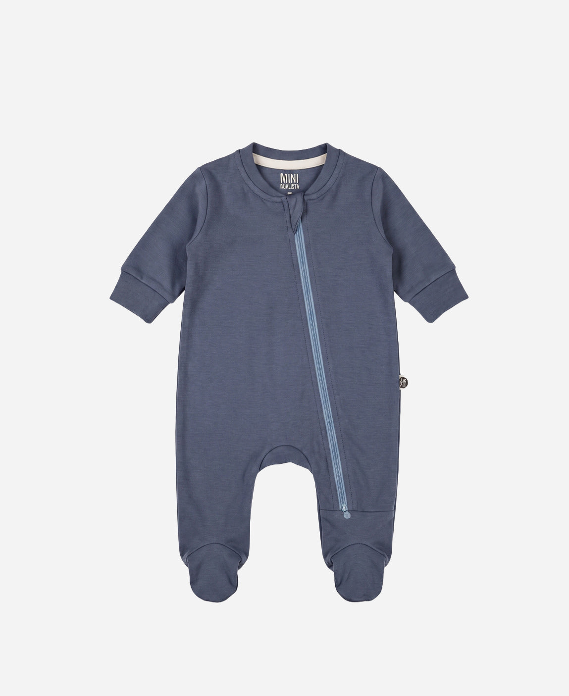 Macacão de Bebê Zíper Duplo com Pezinho cor Liso Azul Oxford — MiniMalista Baby, Algodão Egípcio Safra Premium com UV50+, azul acinzentado atemporal moda bebê