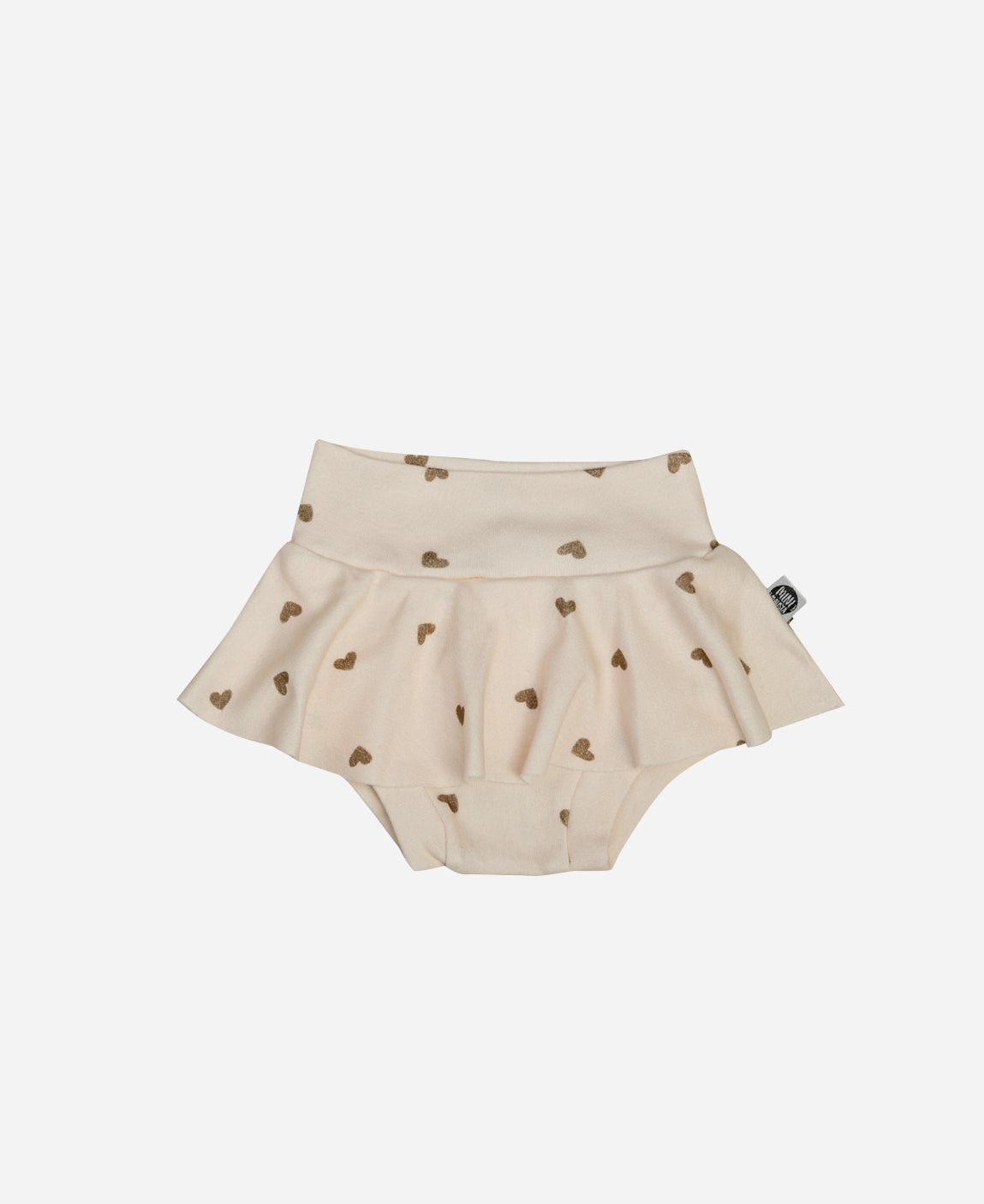 Saia Boomies Bebê - Estampa Love In Brown (corações marrom sobre Branco Off) - Coleção SS26 - MiniMalista Baby