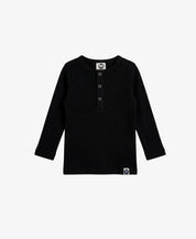 Camiseta Infantil Unissex Manga Longa Canelado Botões | Liso Preto