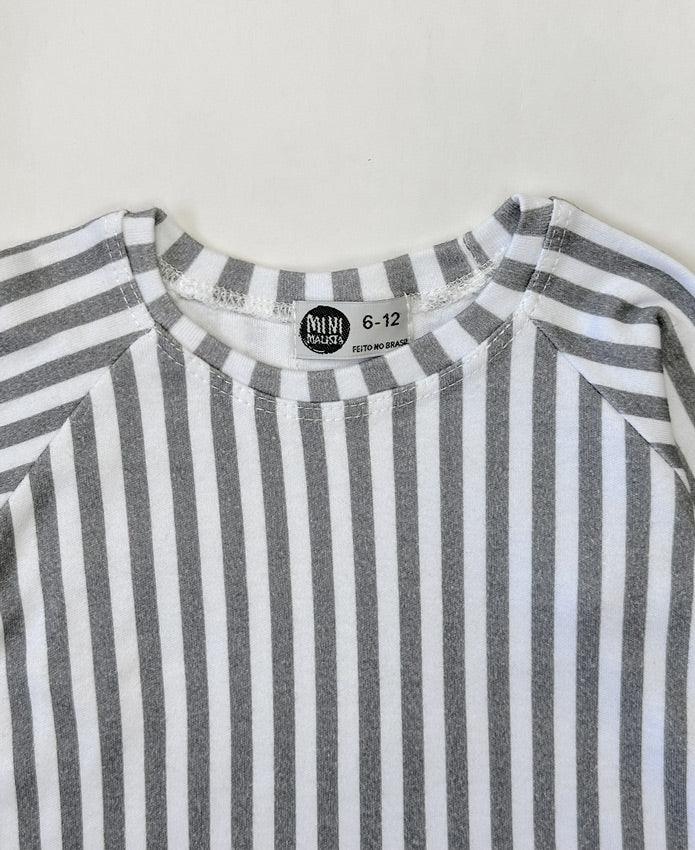Camiseta Infantil de Inverno Manga Longa Unissex Raglan | Listras Retrô Cinza