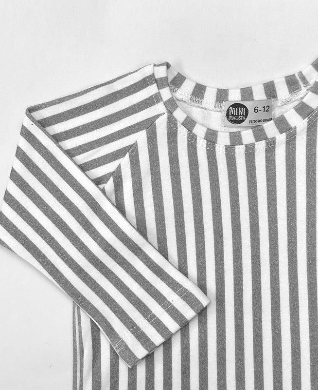 Camiseta Infantil de Inverno Manga Longa Unissex Raglan | Listras Retrô Cinza