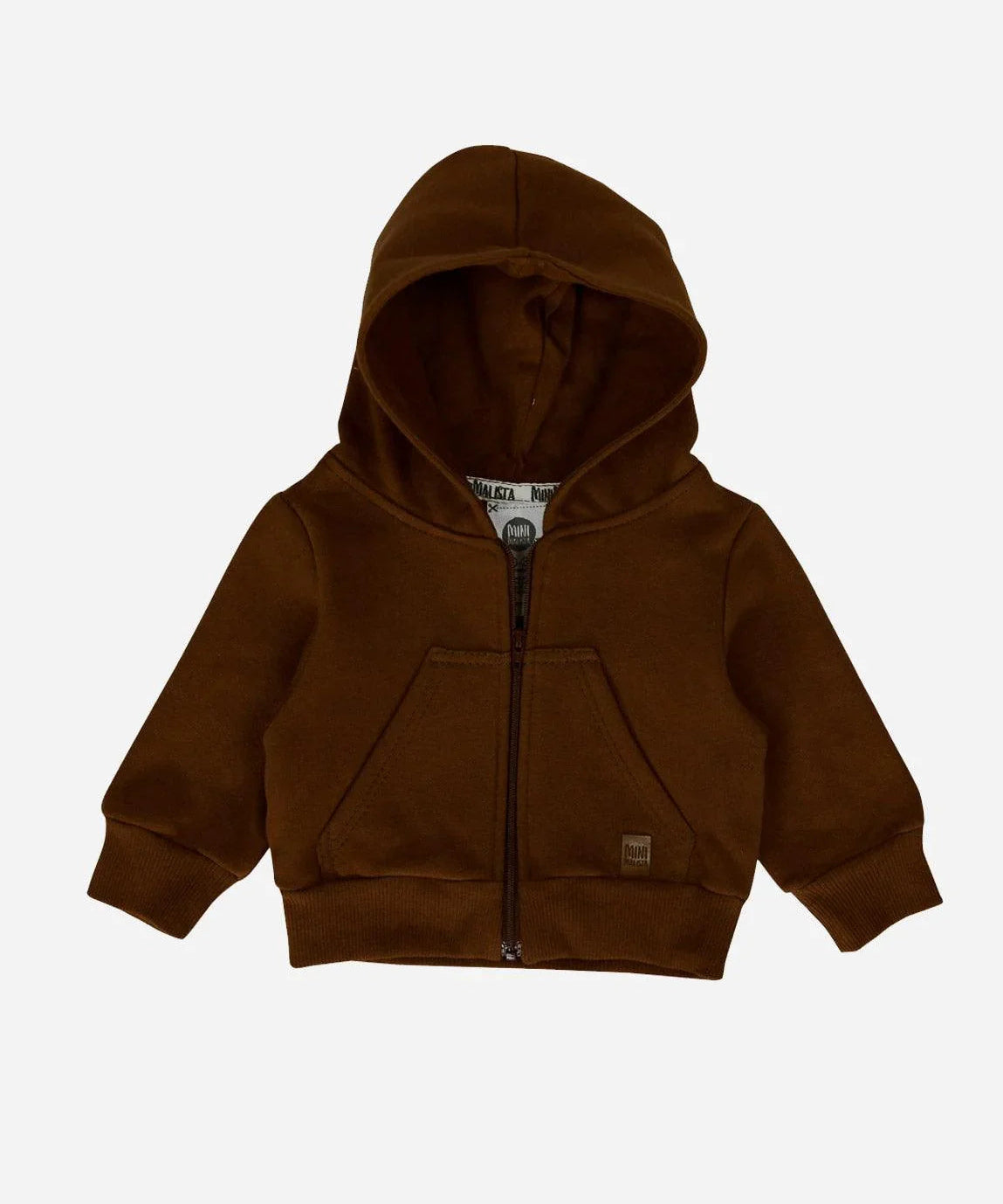 MiniMalista Casaco Moletom Capuz e Zíper Peluciado em Marrom Oak. 100% algodão peluciado antialérgico, warmth nórdica amadeirada, fundo neutro. Casaco infantil bebê e criança, hoodie unissex menino e menina, do 0-3m aos 5-6 anos.