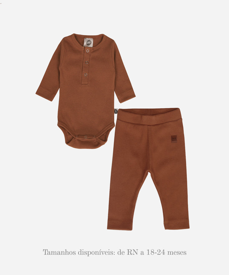 Conjunto Body Manga Longa + Calça Slim Canelada Bebê Liso Ginger Caramelo Alaranjado 100% Algodão MiniMalista