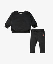 MiniMalista Conjunto Moletom + Calça Canelada em Preto. Look monocromático infantil 100% algodão, moletom peluciado oversized + calça canelada slim ajustada, conjunto unissex menino e menina para bebê e criança, do bebê de 0-3 meses aos 5-6 anos.