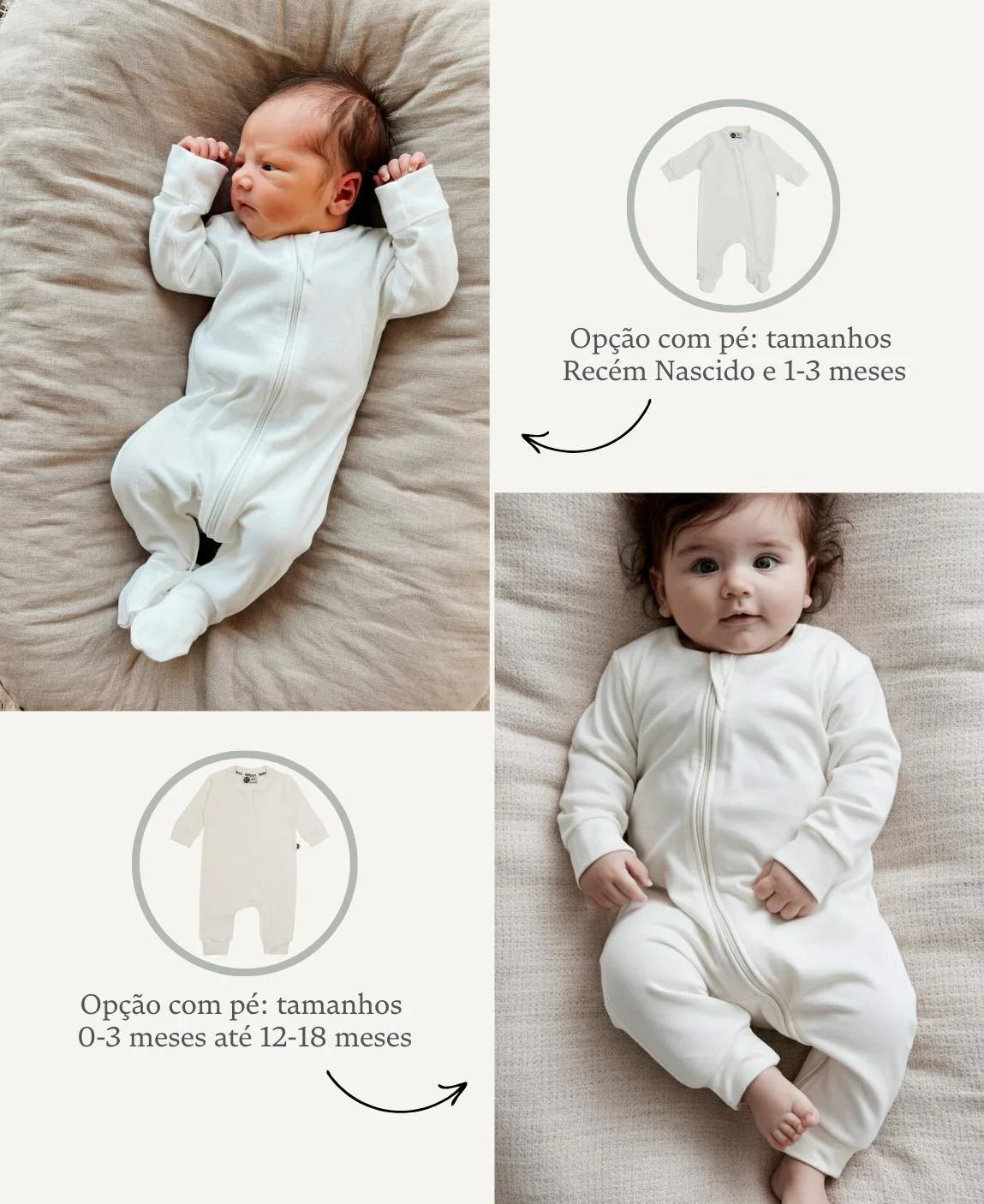 Macacão de Bebê Ziper com opção de Pezinho | Liso Branco Off