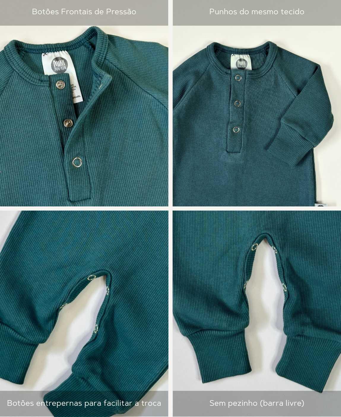 Macacão Bebê Canelado Botões Unissex | Liso Deep Green