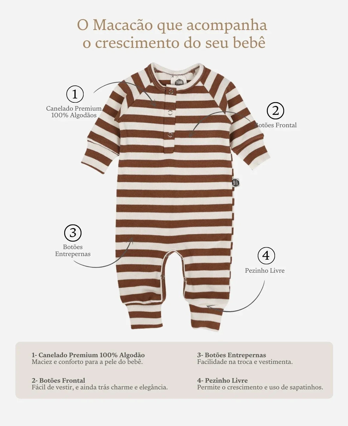 Macacão Bebê Canelado Botões Unissex | Listras Caramelo e Branco Off
