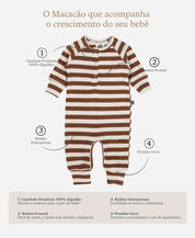 Macacão Bebê Canelado Botões Unissex | Listras Caramelo e Branco Off