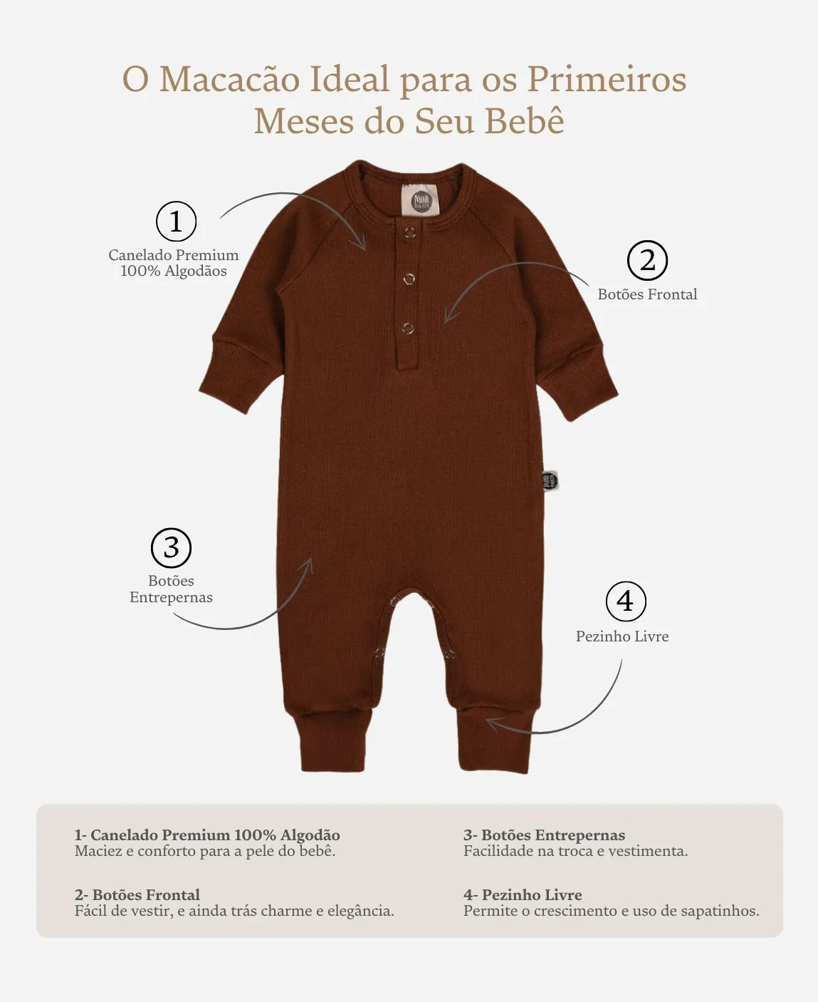 Macacão Bebê Canelado Botões Unissex | Liso Oak