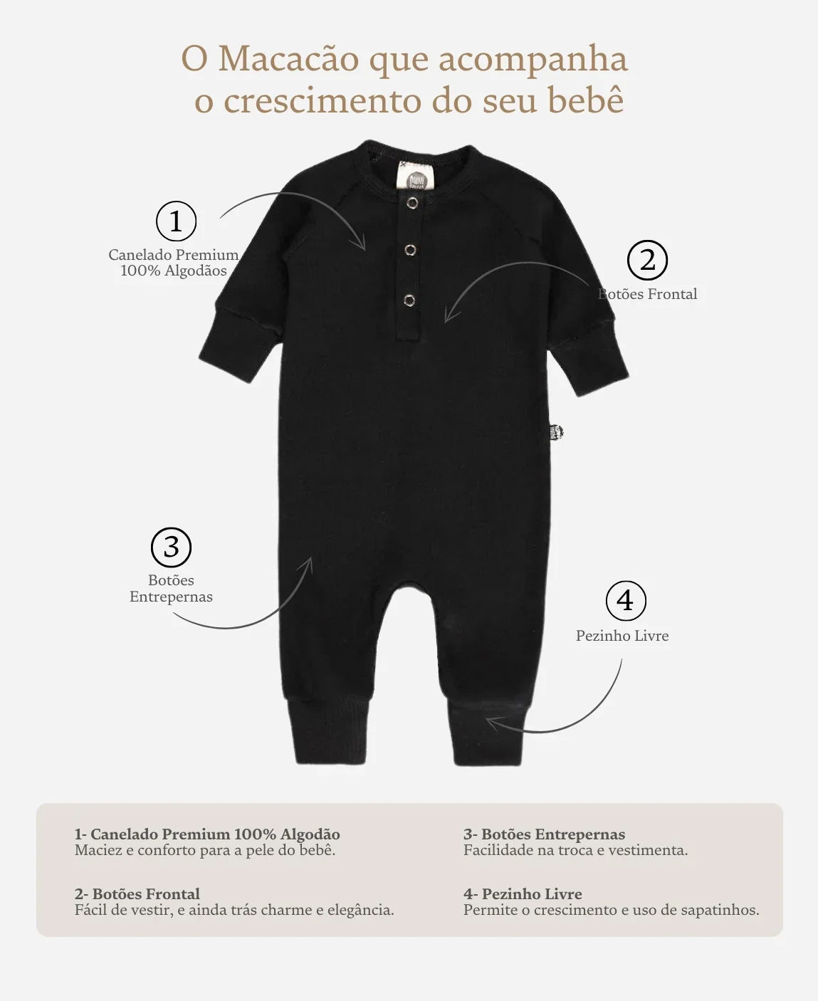 Macacão Bebê Canelado Botões Unissex | Liso Preto