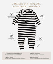 Macacão Bebê Canelado Botões Unissex | Listras Preto e Branco