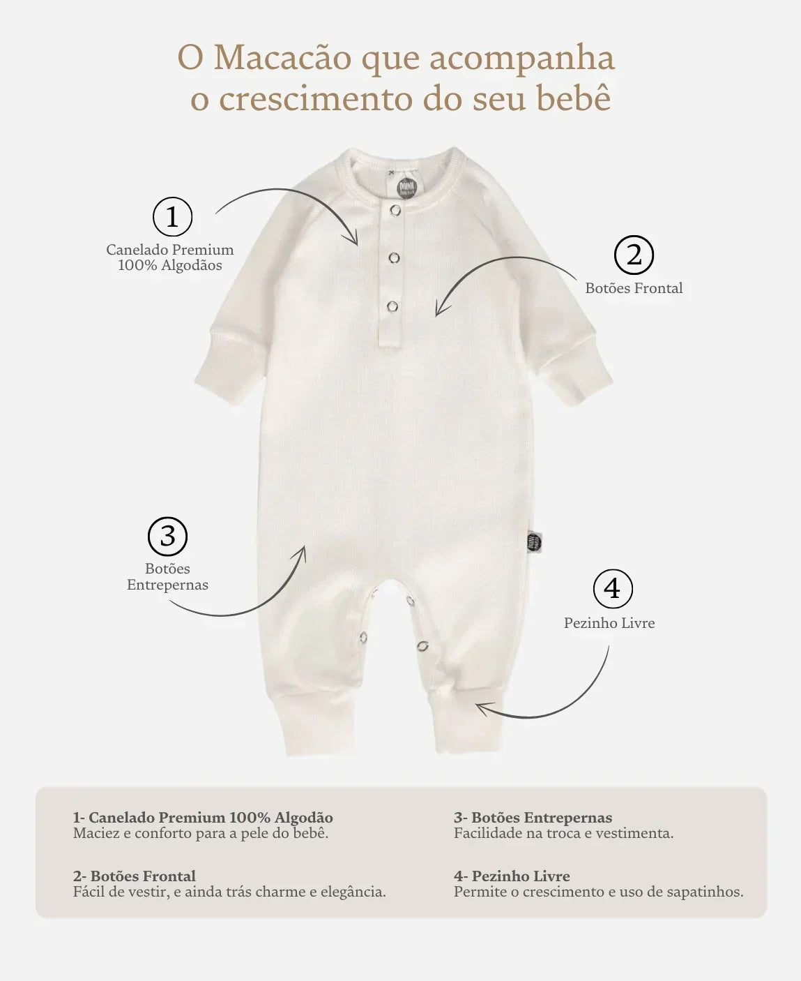 Macacão Bebê Canelado Botões Unissex | Liso Branco Off