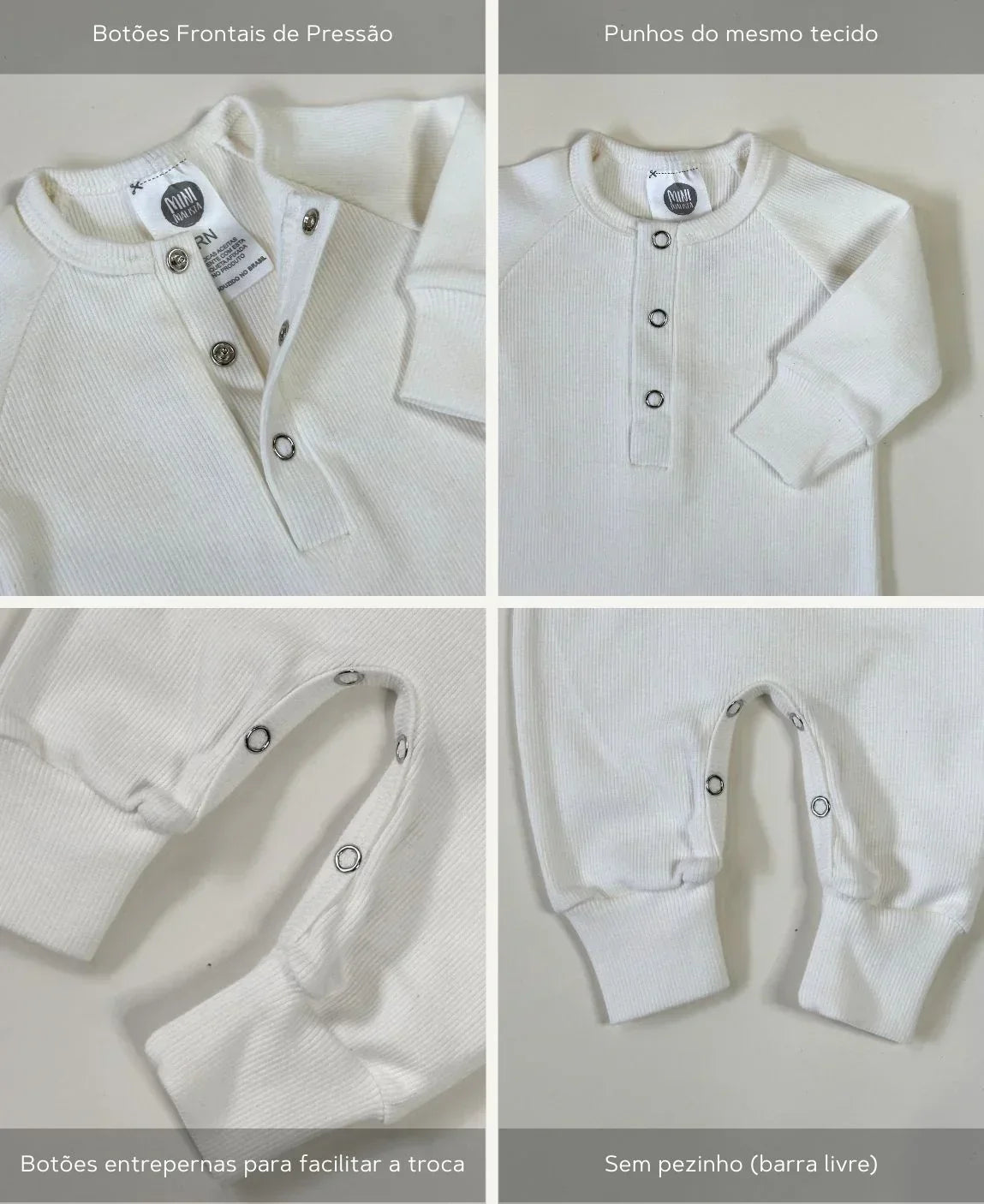 Macacão Bebê Canelado Botões Unissex | Liso Branco Off