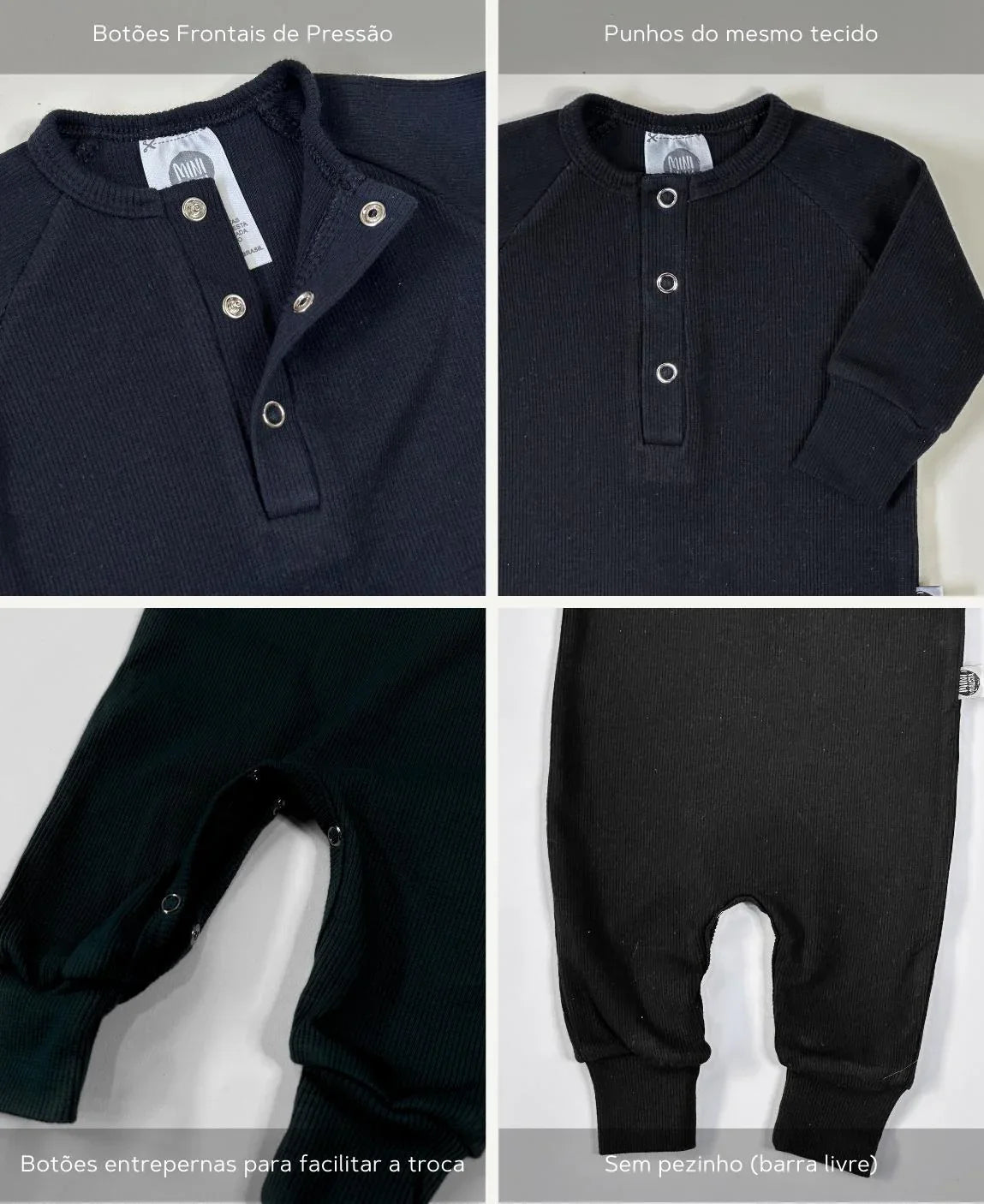 Macacão Bebê Canelado Botões Unissex | Liso Preto