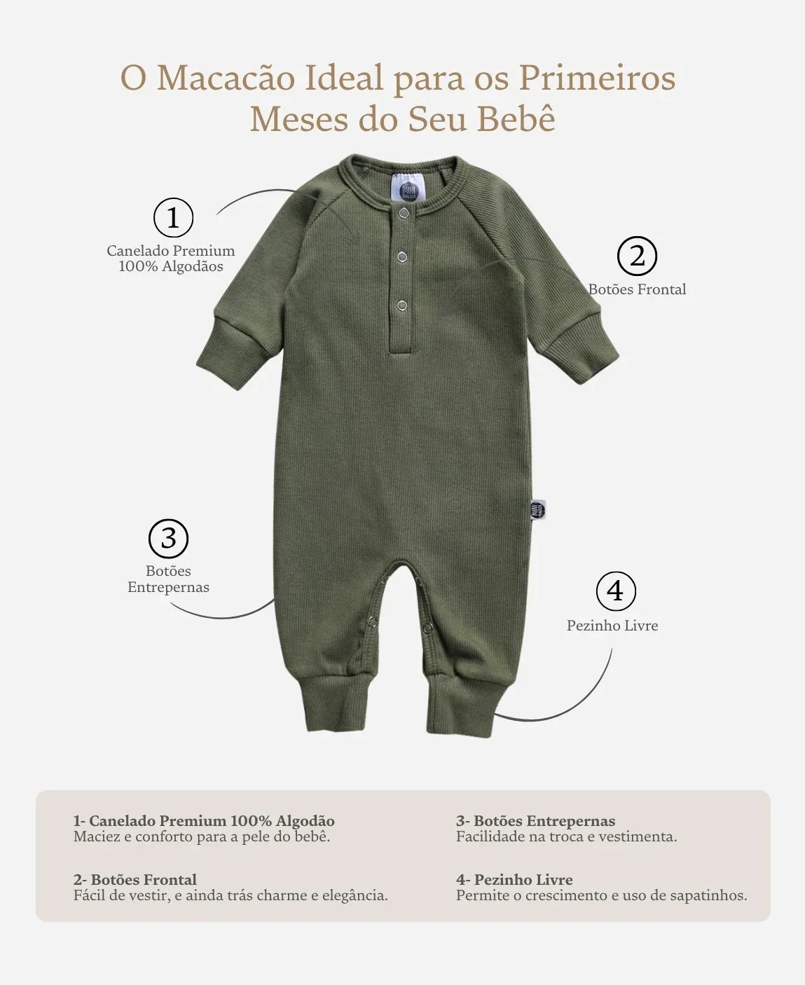 Macacão Bebê Canelado Botões Unissex | Liso Jungle Green