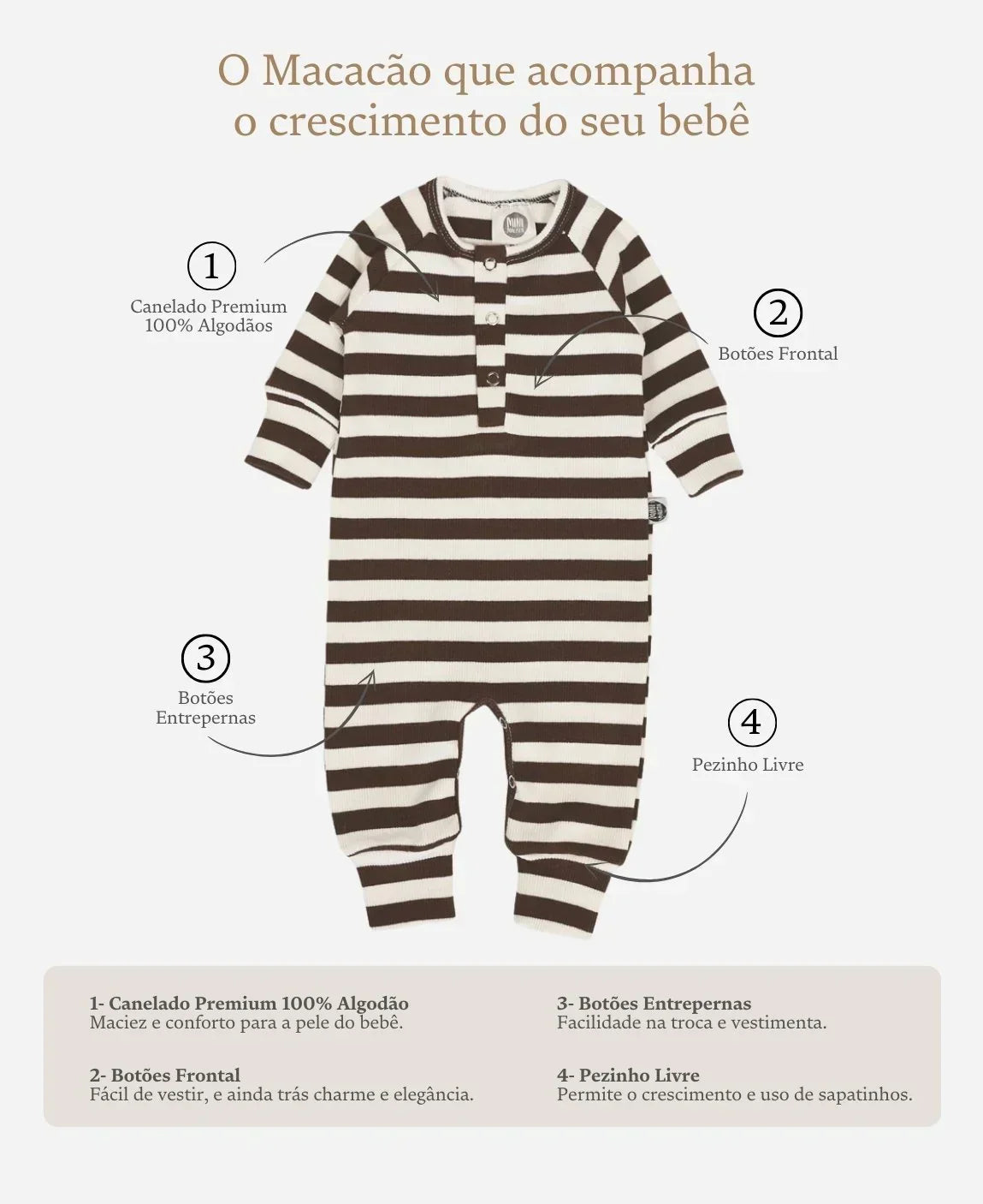 Macacão Bebê Canelado Botões Unissex | Listras Marrom e Branco Off