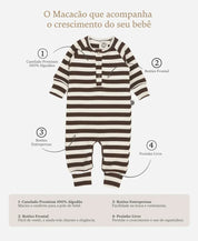 Macacão Bebê Canelado Botões Unissex | Listras Marrom e Branco Off