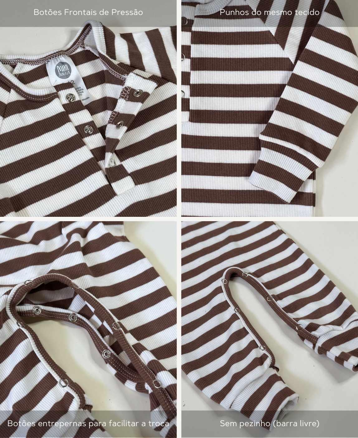 Macacão Bebê Canelado Botões Unissex | Listras Marrom e Branco Off