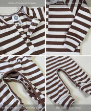 Macacão Bebê Canelado Botões Unissex | Listras Marrom e Branco Off