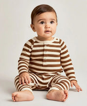 Macacão Bebê Canelado Botões Unissex | Listras Caramelo e Branco Off