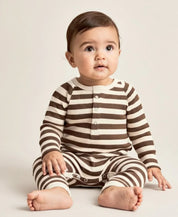 Macacão Bebê Canelado Botões Unissex | Listras Marrom e Branco Off