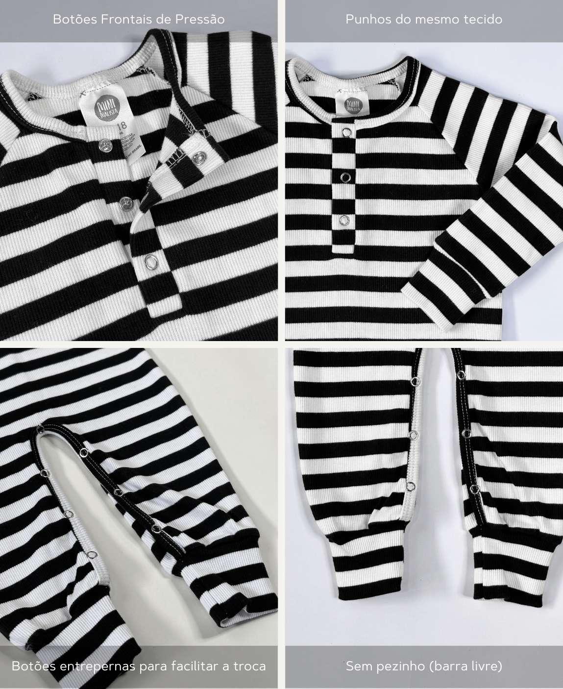 Macacão Bebê Canelado Botões Unissex | Listras Preto e Branco