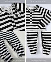 Macacão Bebê Canelado Botões Unissex | Listras Preto e Branco