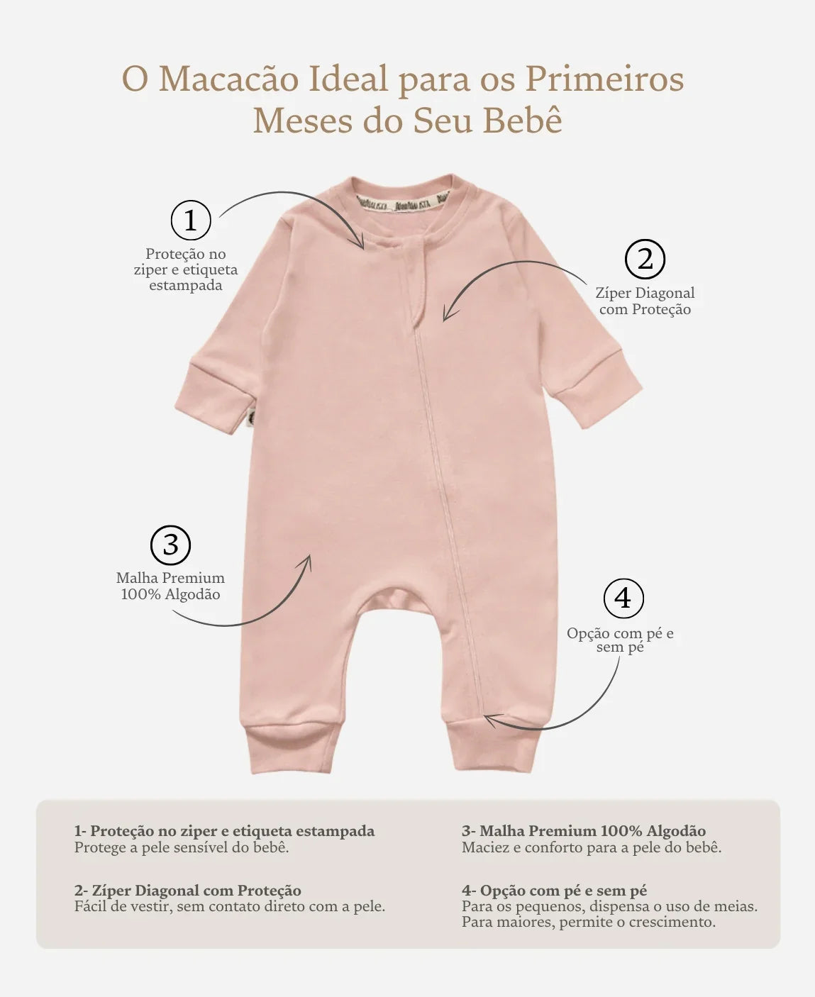 Macacão de Bebê Ziper com opção de Pezinho | Liso Mystic Rose