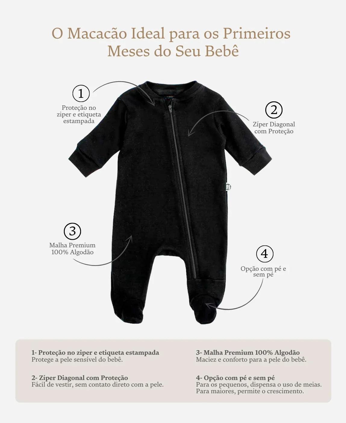 Macacão de Bebê Ziper com opção de Pezinho | Liso Preto